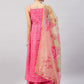 InWeave Women's Pink Bandhani Strappy Set W Golden Floral Organza Dupatta - Swadesiicart