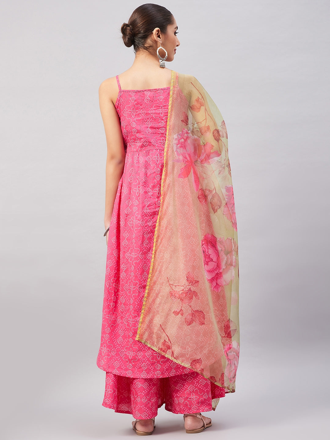 InWeave Women's Pink Bandhani Strappy Set W Golden Floral Organza Dupatta - Swadesiicart