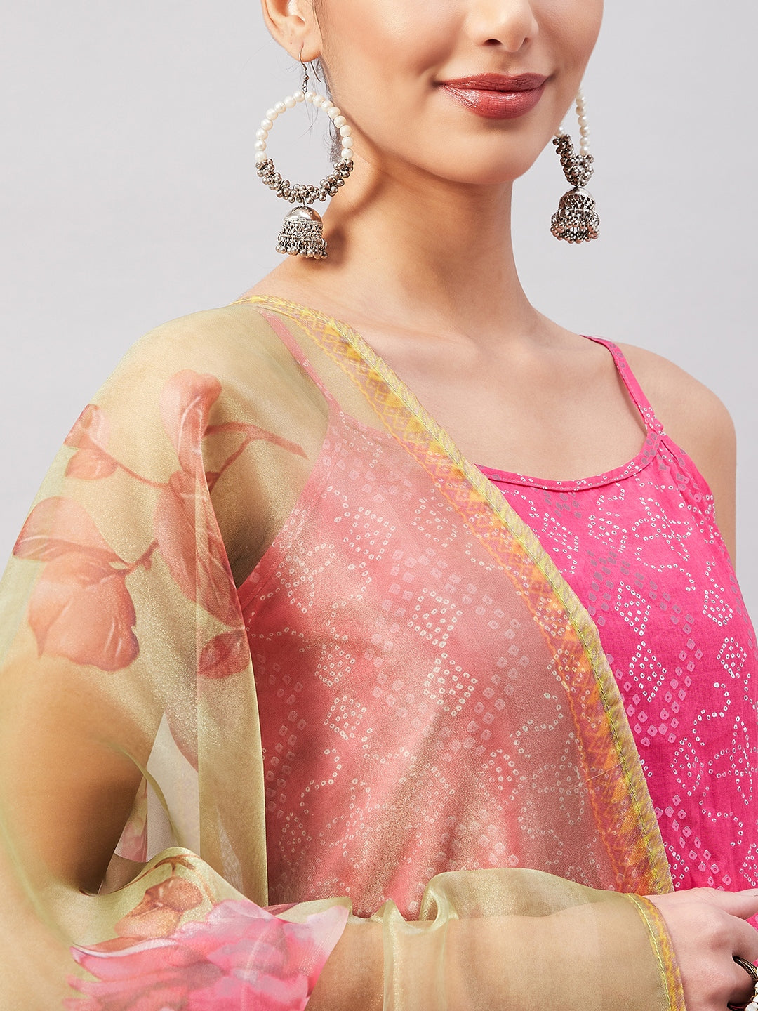 InWeave Women's Pink Bandhani Strappy Set W Golden Floral Organza Dupatta - Swadesiicart