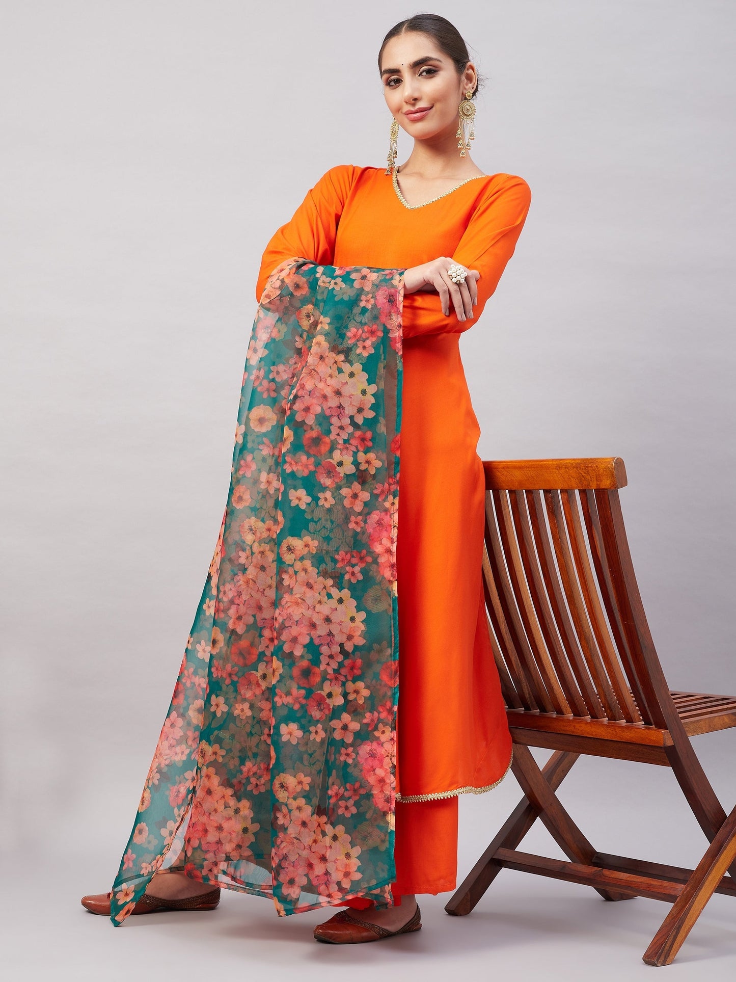 InWeave Women's Orange Gota Long Anrkali Kurta Set W Black Organza Dupatta - Swadesiicart