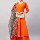 InWeave Women's Orange Gota Long Anrkali Kurta Set W Black Organza Dupatta - Swadesiicart