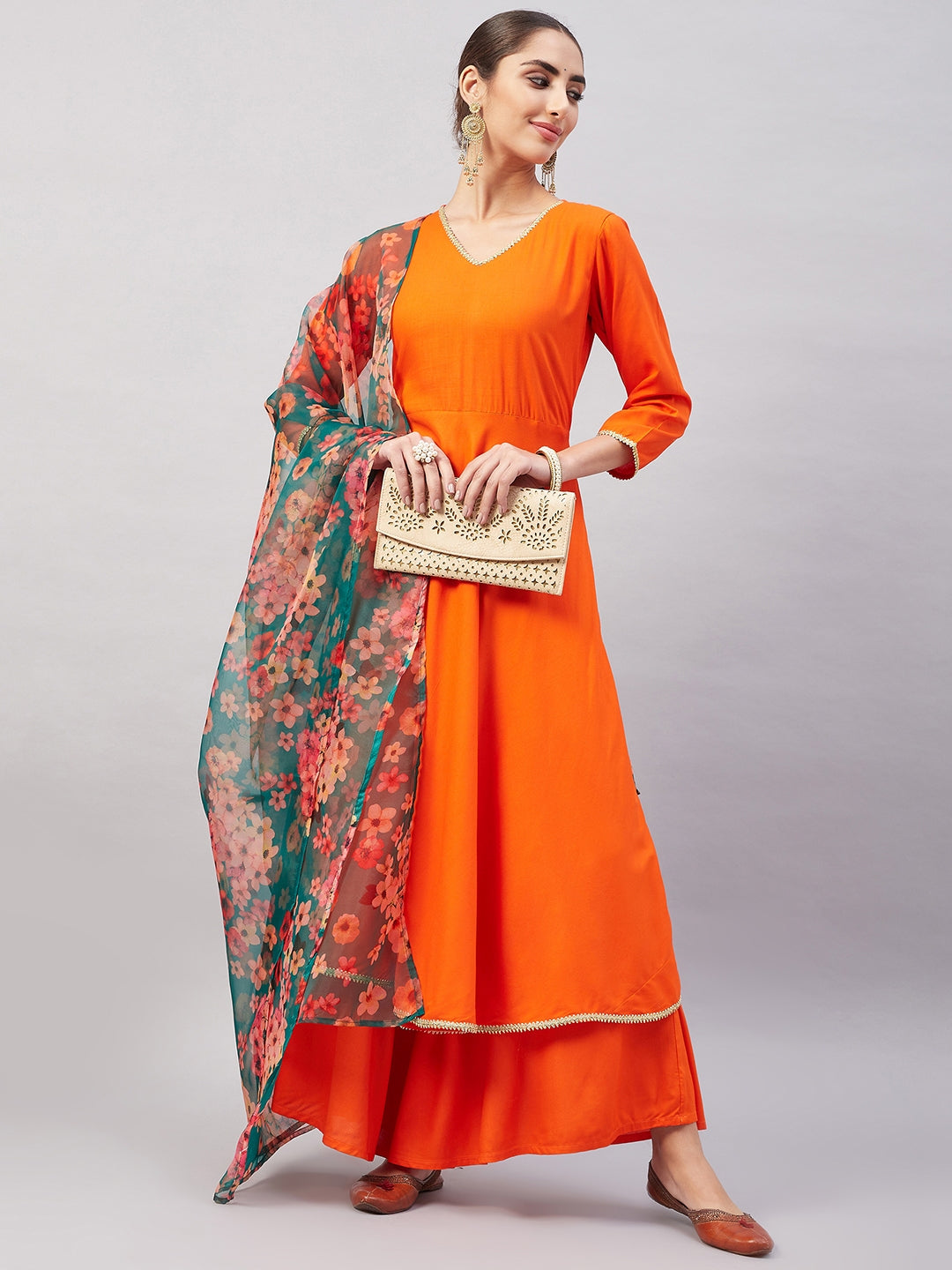 InWeave Women's Orange Gota Long Anrkali Kurta Set W Black Organza Dupatta - Swadesiicart
