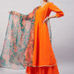 InWeave Women's Orange Gota Long Anrkali Kurta Set W Black Organza Dupatta - Swadesiicart