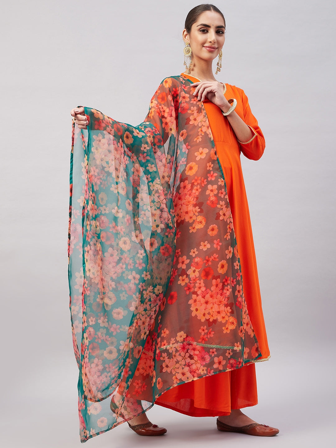 InWeave Women's Orange Gota Long Anrkali Kurta Set W Black Organza Dupatta - Swadesiicart