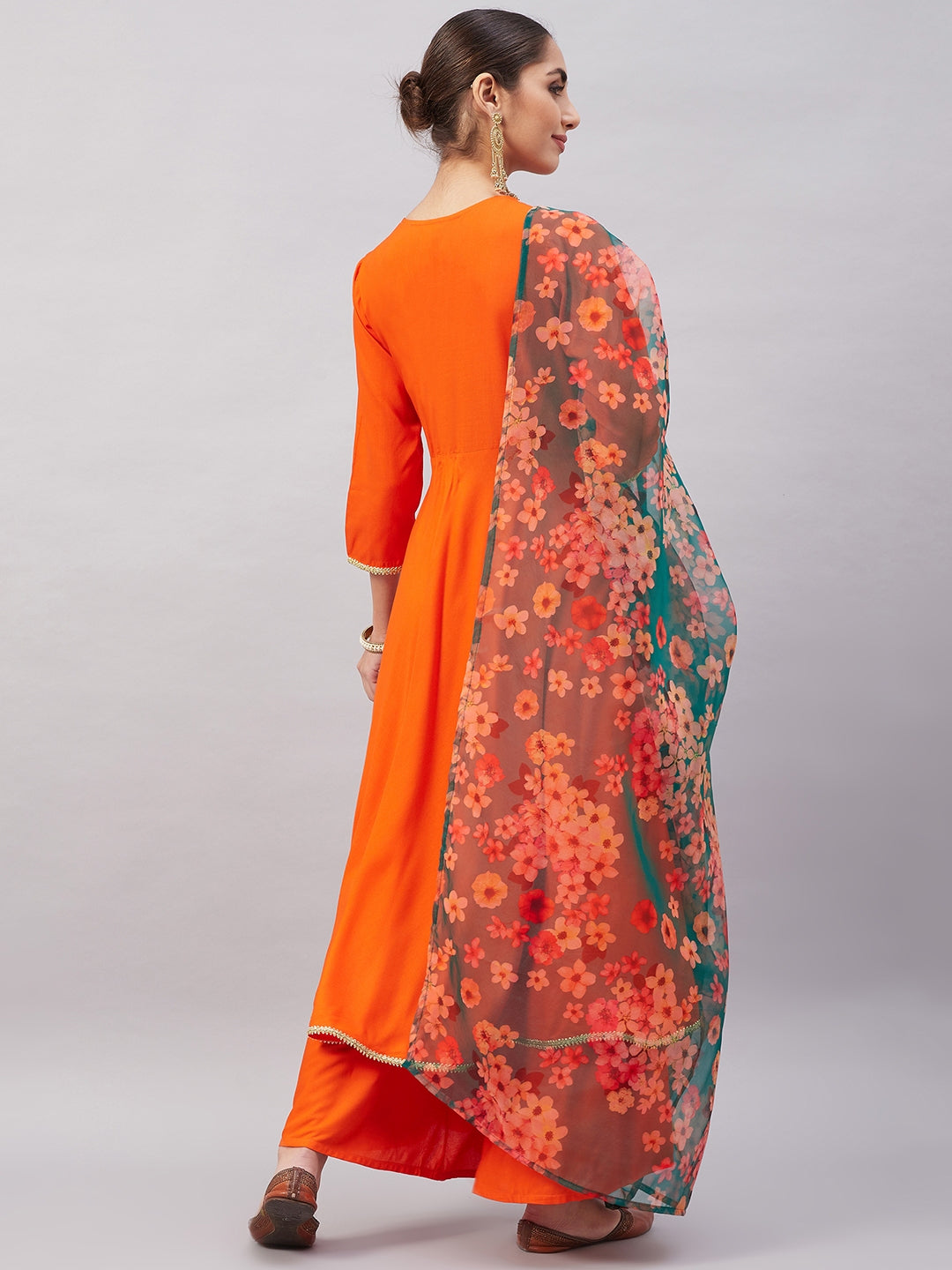 InWeave Women's Orange Gota Long Anrkali Kurta Set W Black Organza Dupatta - Swadesiicart