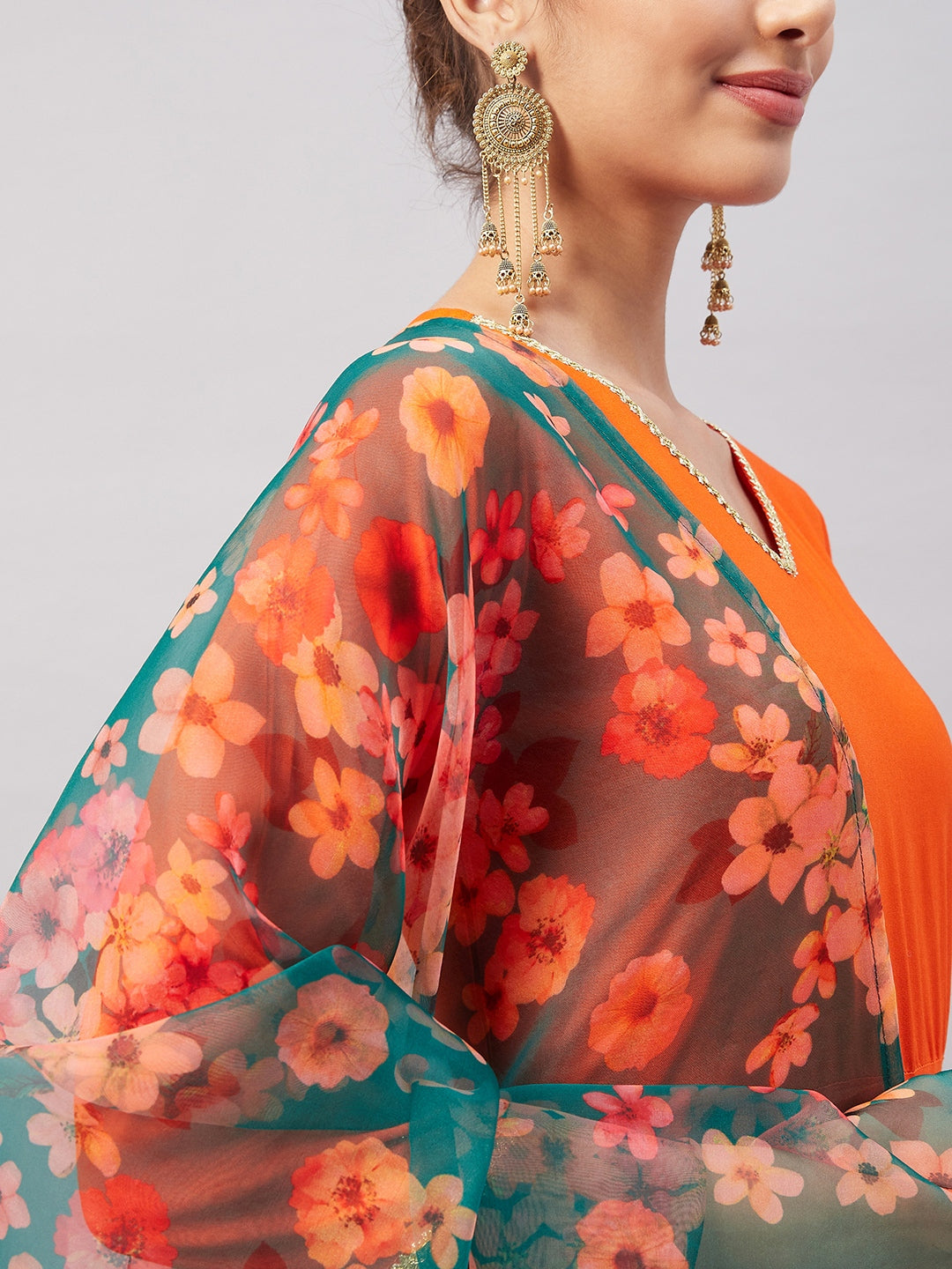 InWeave Women's Orange Gota Long Anrkali Kurta Set W Black Organza Dupatta - Swadesiicart