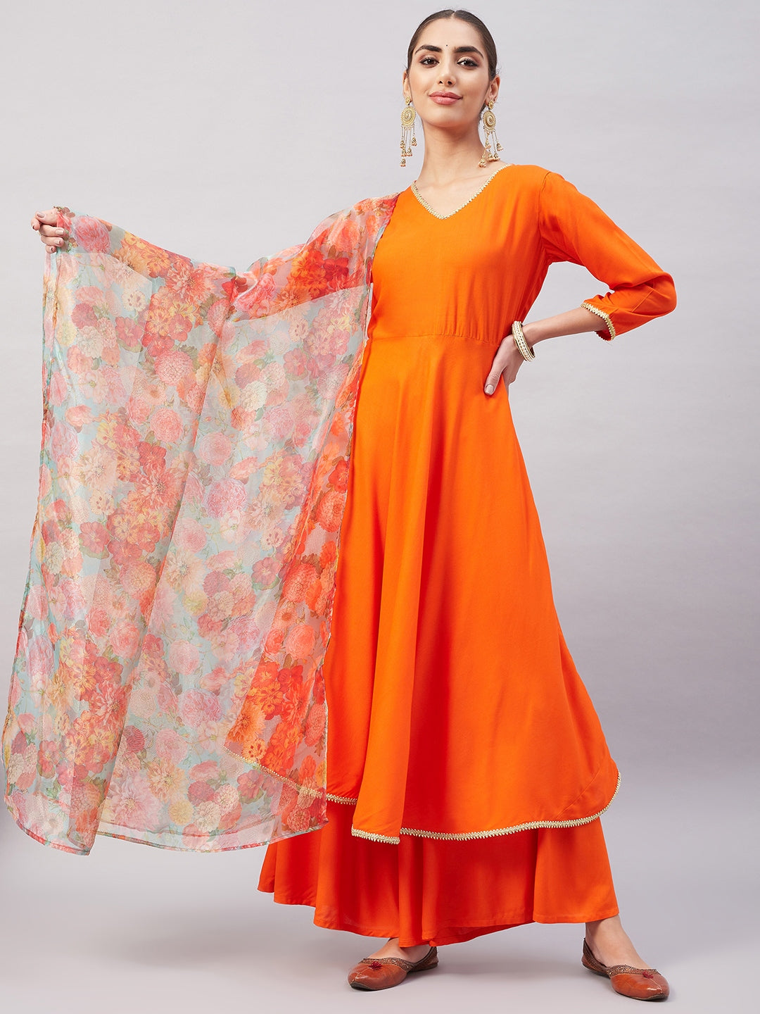 InWeave Women's Orange Gota Long Anrkali Kurta Set W Green Organza Dupatta - Swadesiicart