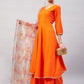 InWeave Women's Orange Gota Long Anrkali Kurta Set W Green Organza Dupatta - Swadesiicart