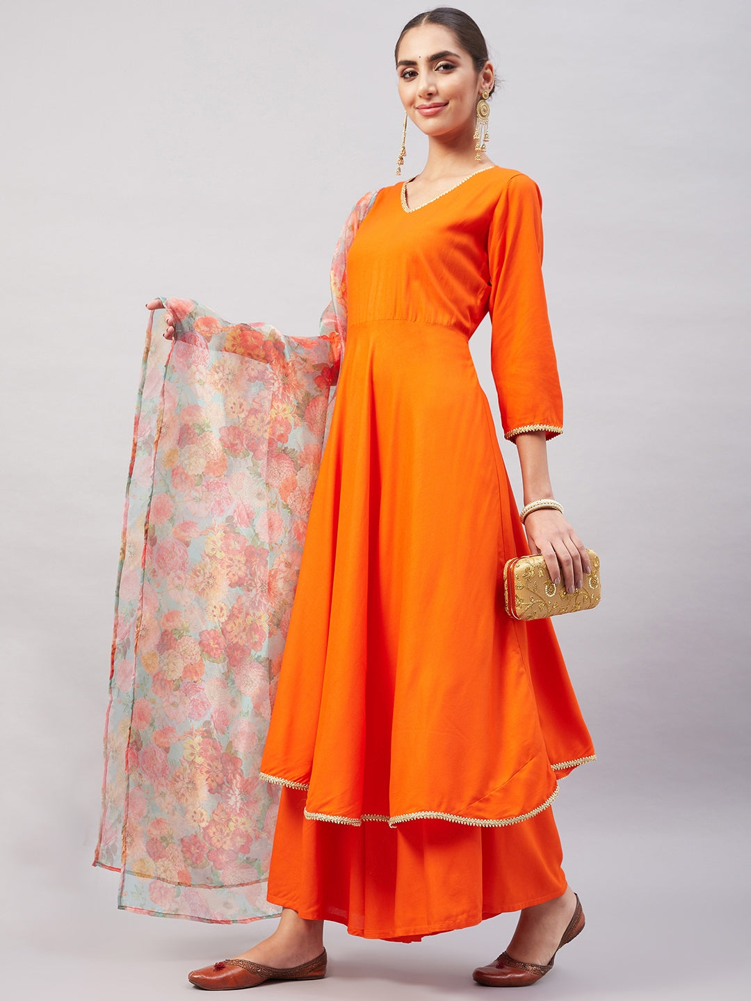 InWeave Women's Orange Gota Long Anrkali Kurta Set W Green Organza Dupatta - Swadesiicart