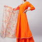 InWeave Women's Orange Gota Long Anrkali Kurta Set W Green Organza Dupatta - Swadesiicart
