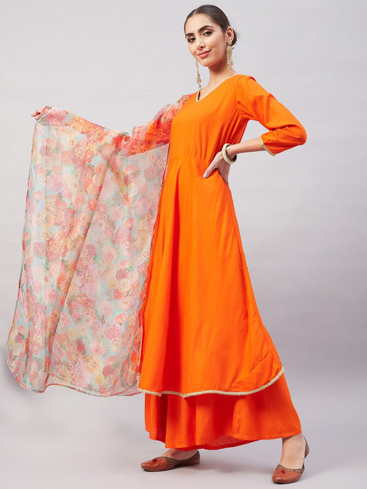 InWeave Women's Orange Gota Long Anrkali Kurta Set W Green Organza Dupatta - Swadesiicart