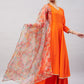 InWeave Women's Orange Gota Long Anrkali Kurta Set W Green Organza Dupatta - Swadesiicart