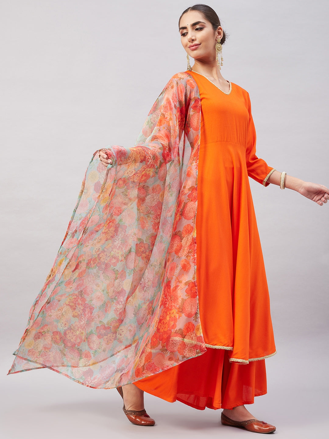 InWeave Women's Orange Gota Long Anrkali Kurta Set W Green Organza Dupatta - Swadesiicart