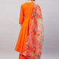 InWeave Women's Orange Gota Long Anrkali Kurta Set W Green Organza Dupatta - Swadesiicart