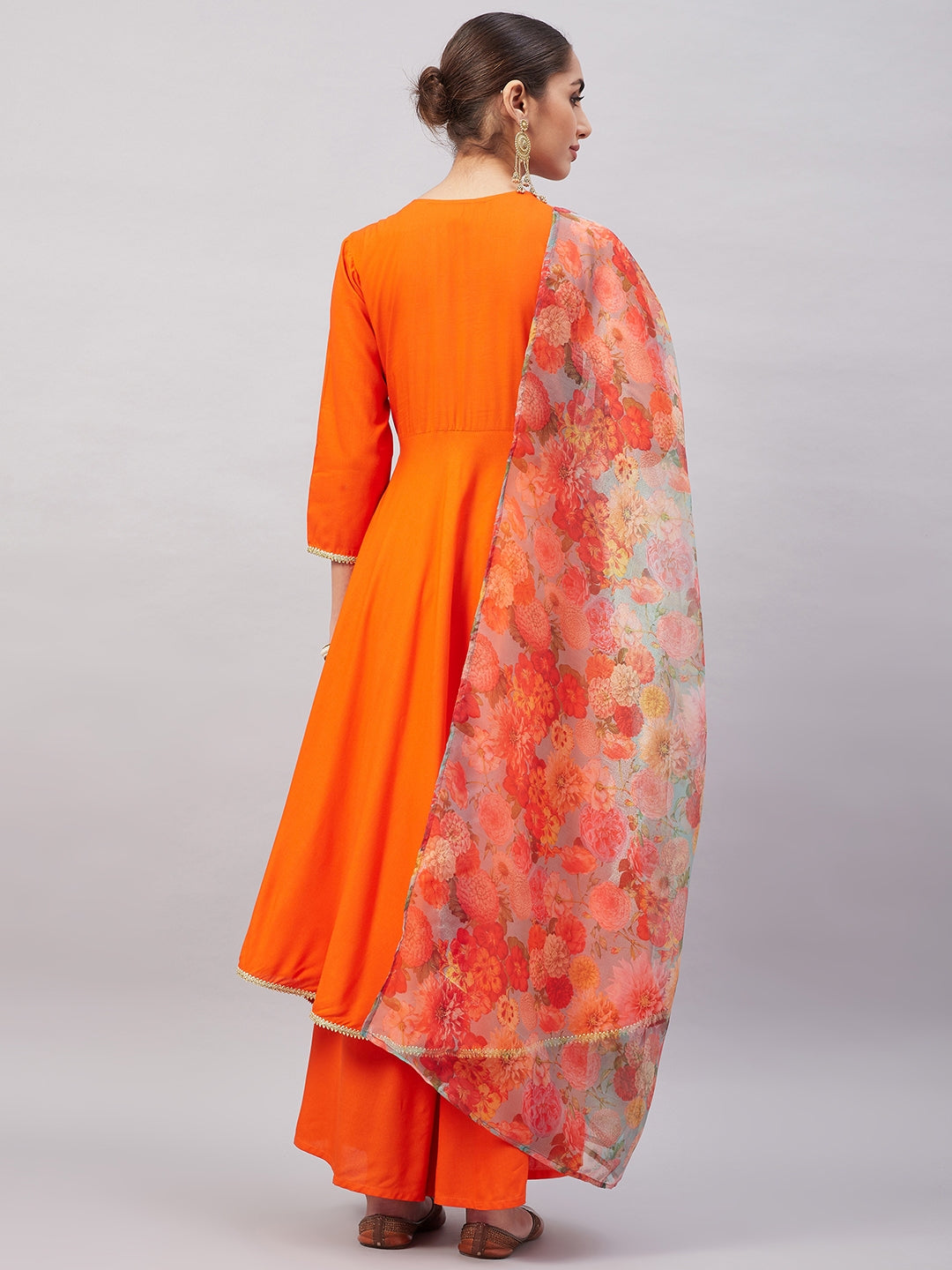 InWeave Women's Orange Gota Long Anrkali Kurta Set W Green Organza Dupatta - Swadesiicart