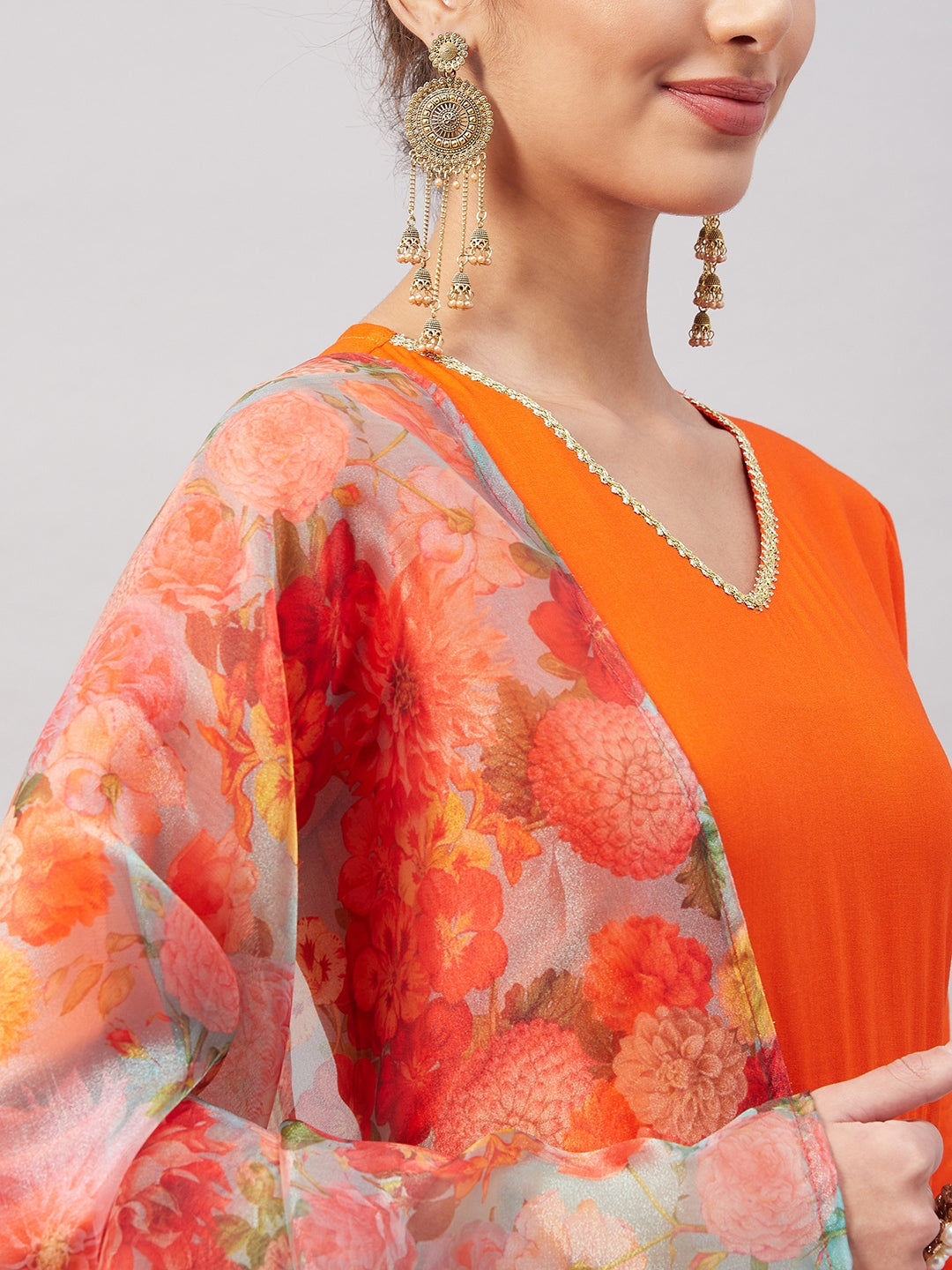 InWeave Women's Orange Gota Long Anrkali Kurta Set W Green Organza Dupatta - Swadesiicart