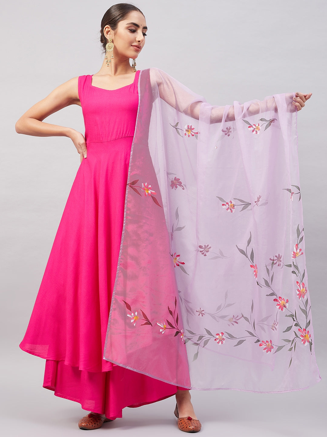 InWeave Women's Fuchsia Sleeveless Kurta Set W Mauve Handpaint Organza Dupatta - Swadesiicart