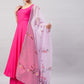 InWeave Women's Fuchsia Sleeveless Kurta Set W Mauve Handpaint Organza Dupatta - Swadesiicart