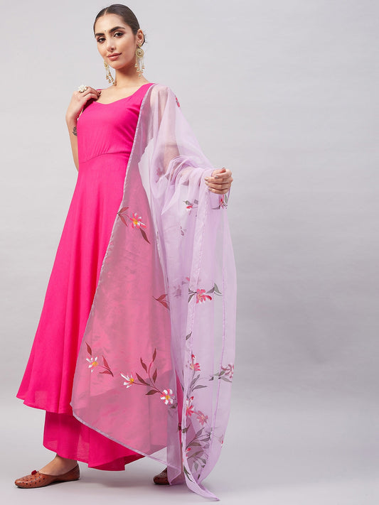 InWeave Women's Fuchsia Sleeveless Kurta Set W Mauve Handpaint Organza Dupatta - Swadesiicart