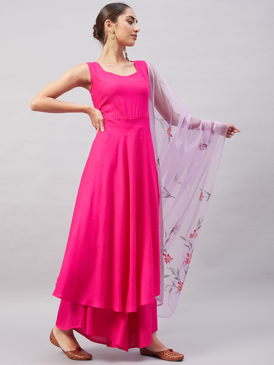 InWeave Women's Fuchsia Sleeveless Kurta Set W Mauve Handpaint Organza Dupatta - Swadesiicart