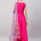 InWeave Women's Fuchsia Sleeveless Kurta Set W Mauve Handpaint Organza Dupatta - Swadesiicart