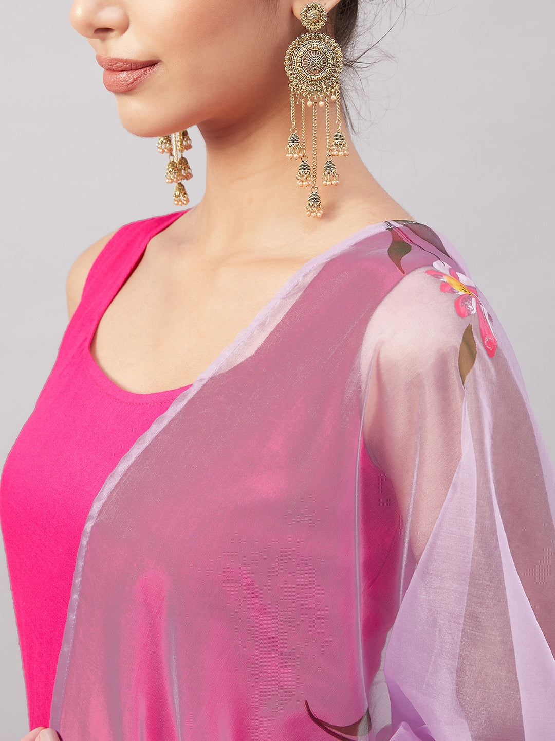 InWeave Women's Fuchsia Sleeveless Kurta Set W Mauve Handpaint Organza Dupatta - Swadesiicart