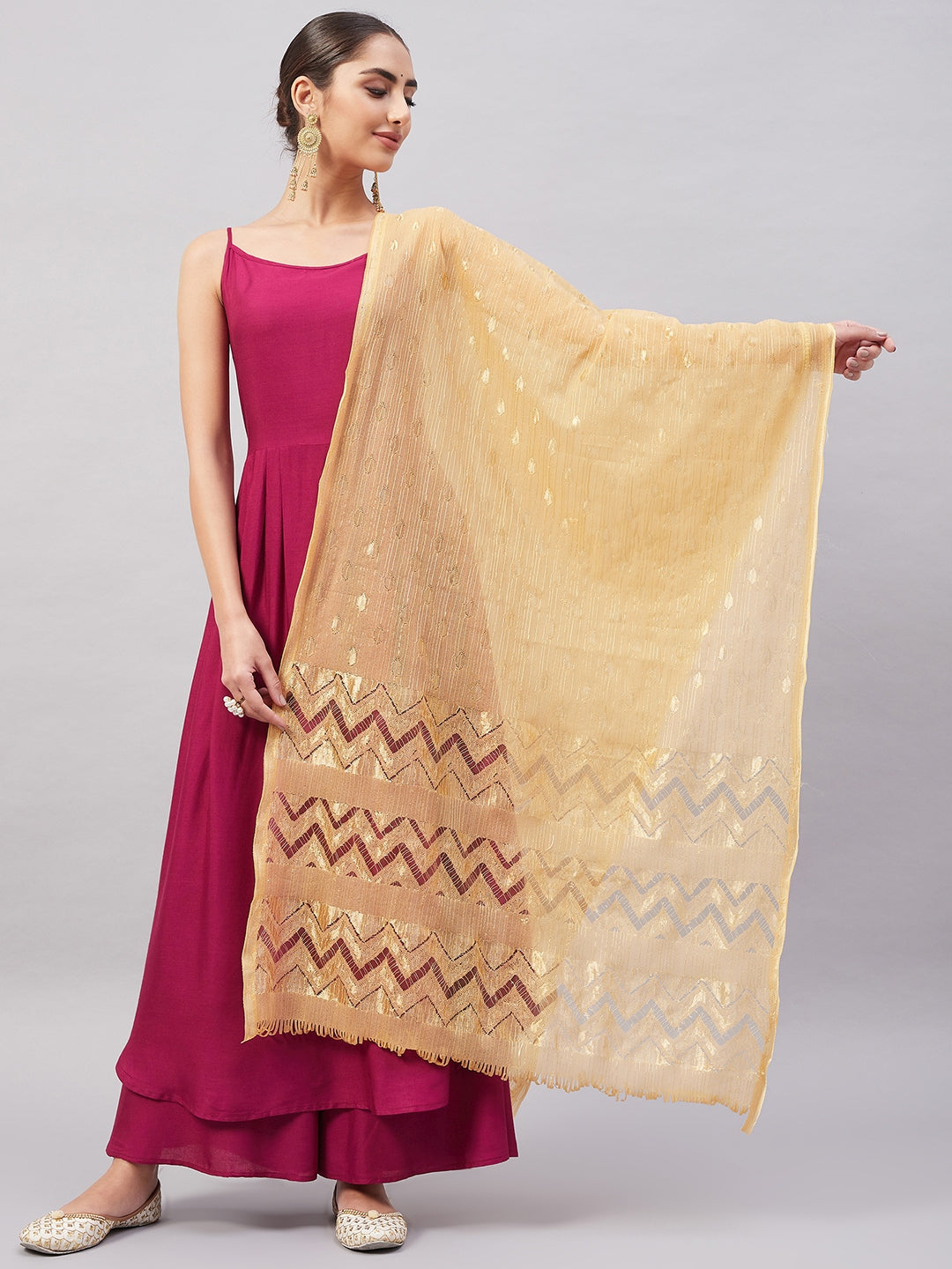 InWeave Women's Wine Solid Strappy Set With Gold Banarsi Zari Dupatta - Swadesiicart