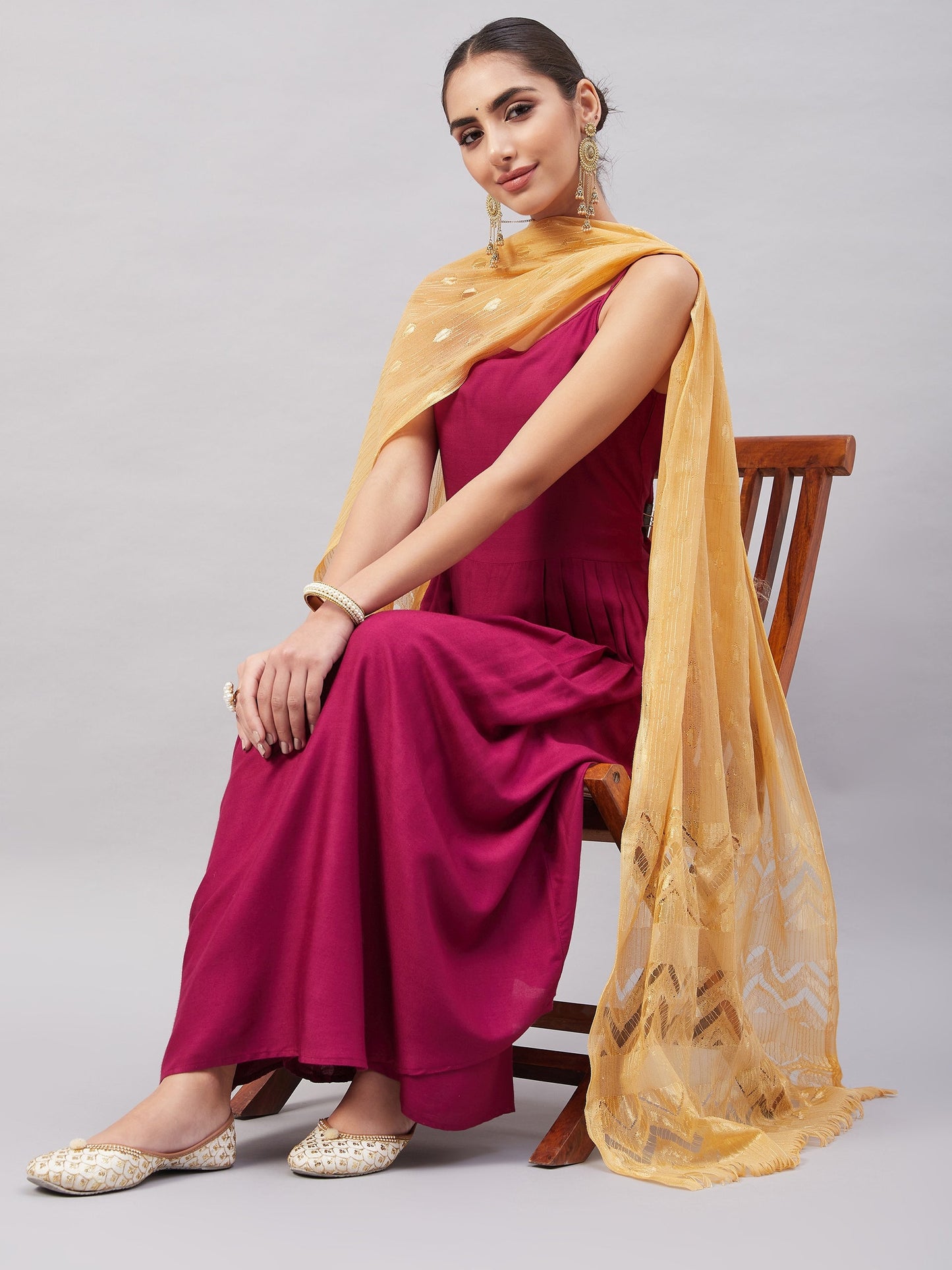 InWeave Women's Wine Solid Strappy Set With Gold Banarsi Zari Dupatta - Swadesiicart