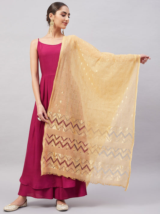 InWeave Women's Wine Solid Strappy Set With Gold Banarsi Zari Dupatta - Swadesiicart