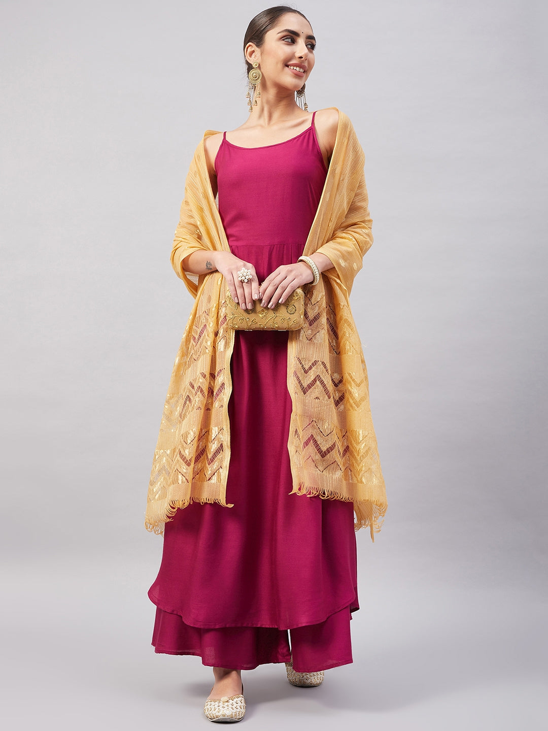 InWeave Women's Wine Solid Strappy Set With Gold Banarsi Zari Dupatta - Swadesiicart