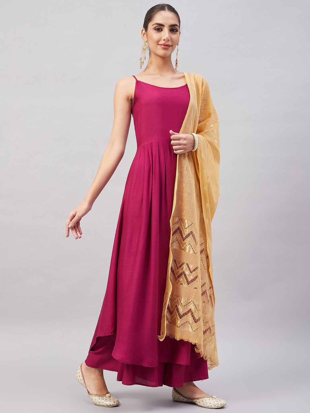 InWeave Women's Wine Solid Strappy Set With Gold Banarsi Zari Dupatta - Swadesiicart