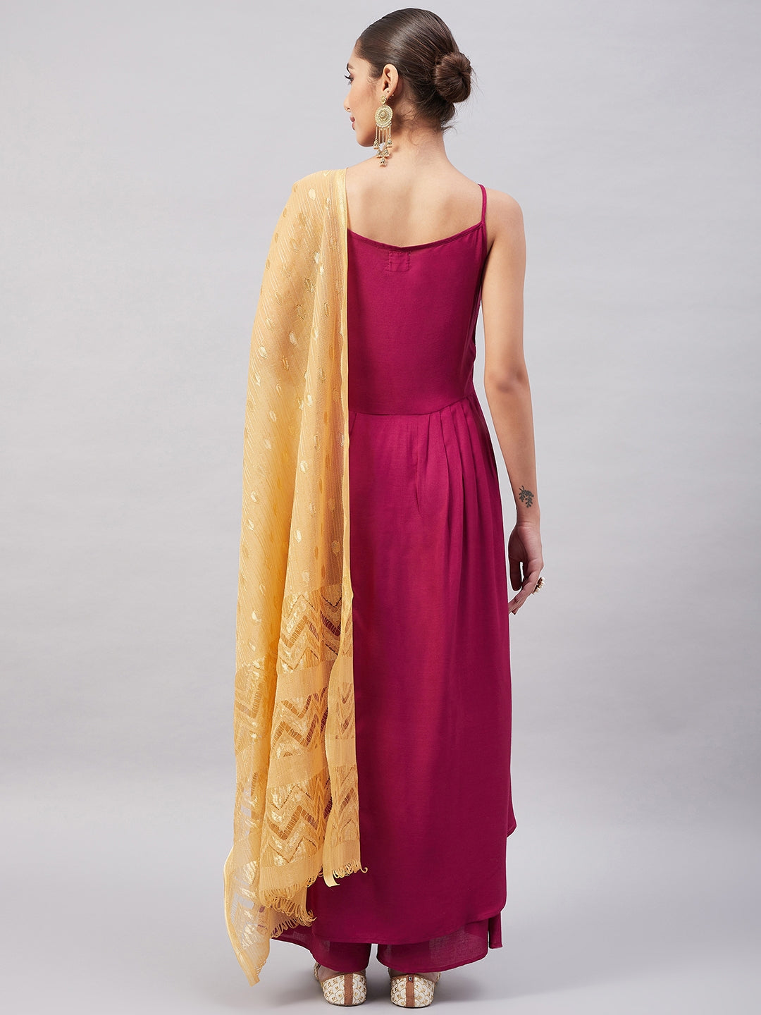InWeave Women's Wine Solid Strappy Set With Gold Banarsi Zari Dupatta - Swadesiicart