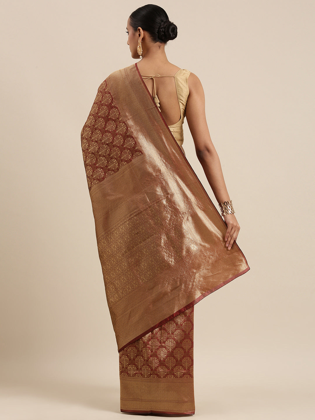 Kalini Maroon & Golden Ethnic Motifs Woven Design Banarasi Saree | Swadesiicart