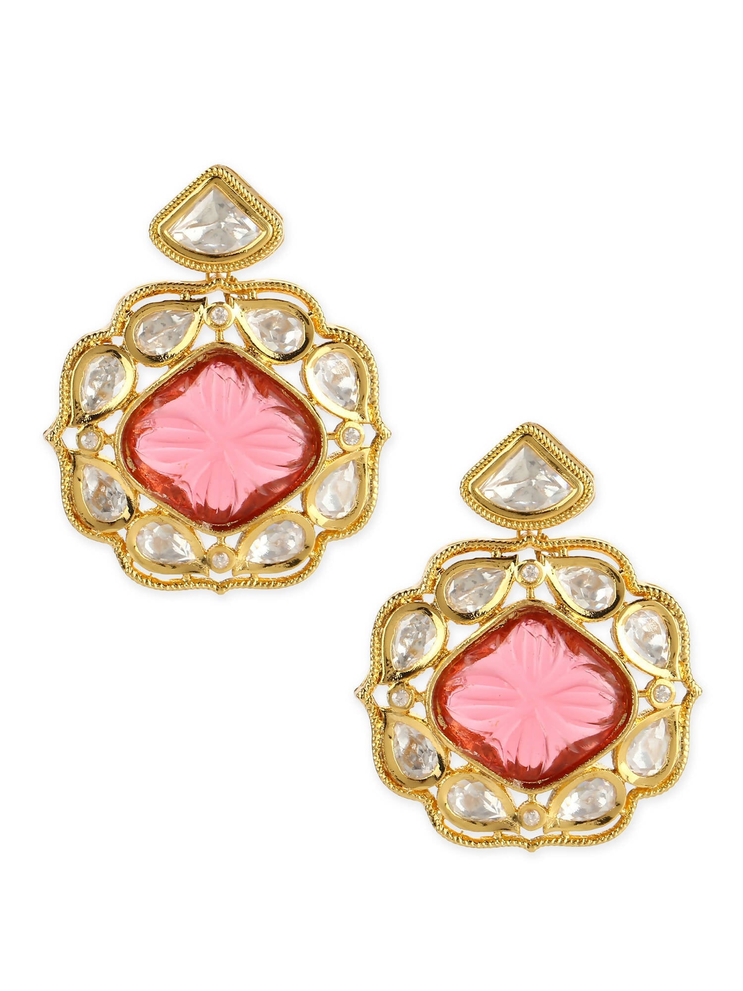 Pink Gold-Polished Contemporary Drop Earrings - Ruby Raang | Swadesiicart