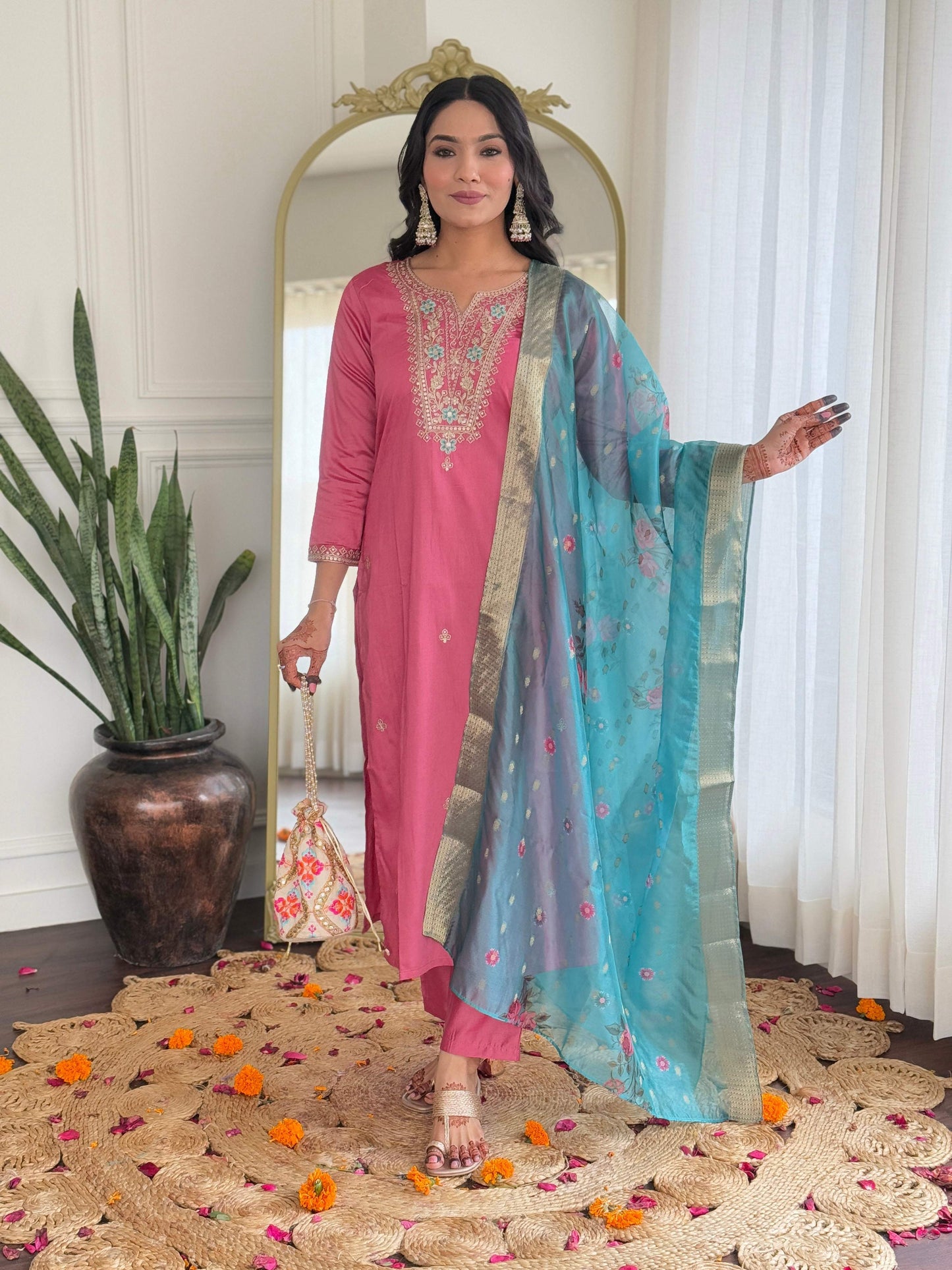 The52 Women Gorgeous Embroidery Work with Viscose Silk Fabric Straight Kurta, Pant and Dupatta Set - Swadesiicart