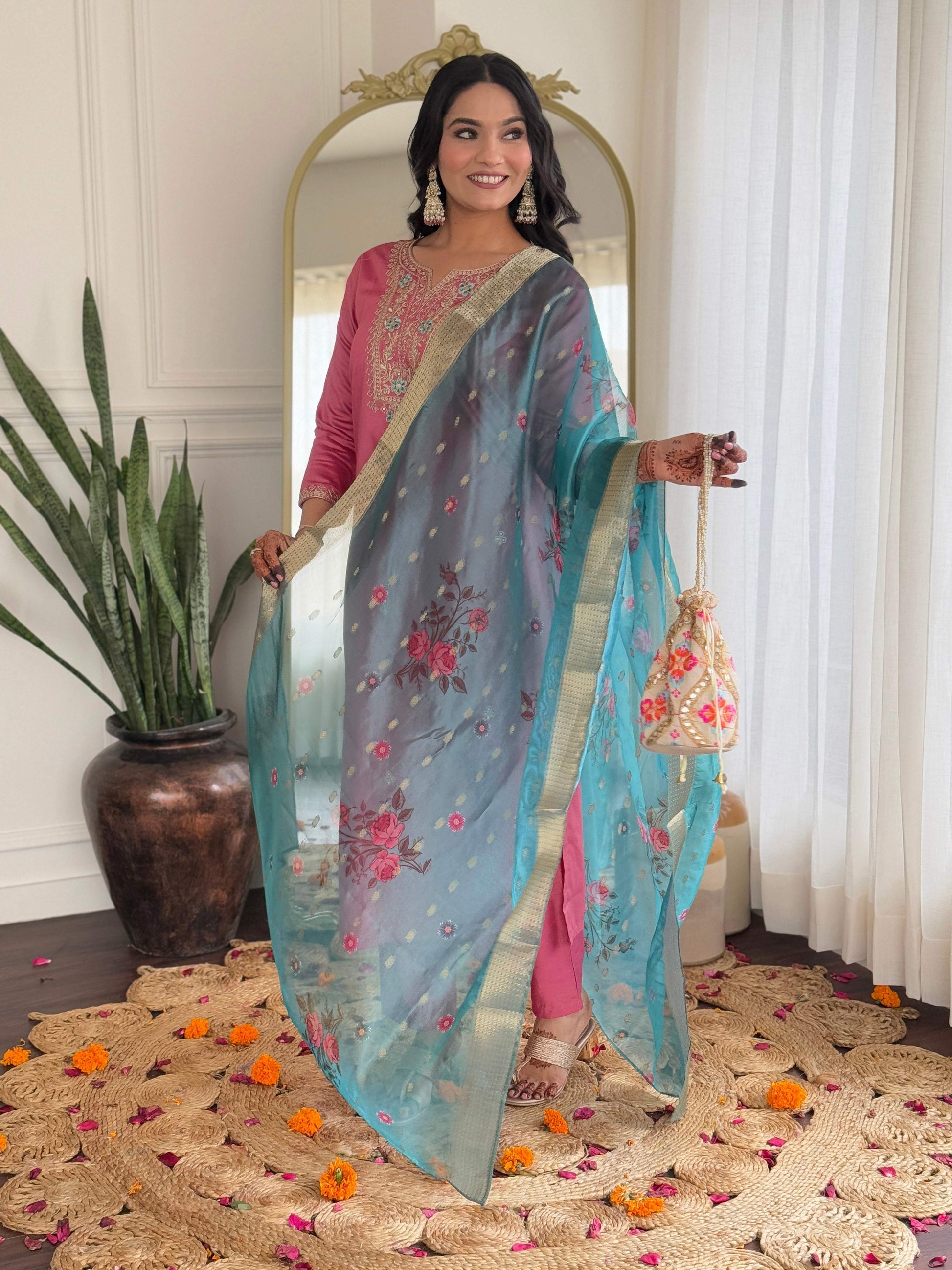 The52 Women Gorgeous Embroidery Work with Viscose Silk Fabric Straight Kurta, Pant and Dupatta Set - Swadesiicart