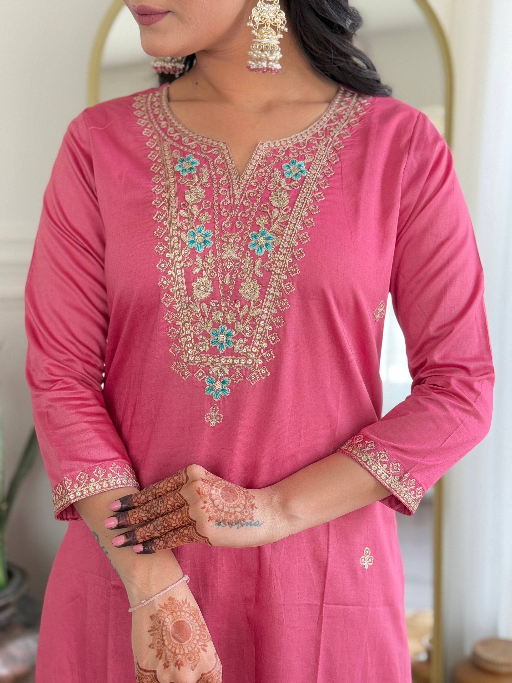 The52 Women Gorgeous Embroidery Work with Viscose Silk Fabric Straight Kurta, Pant and Dupatta Set - Swadesiicart