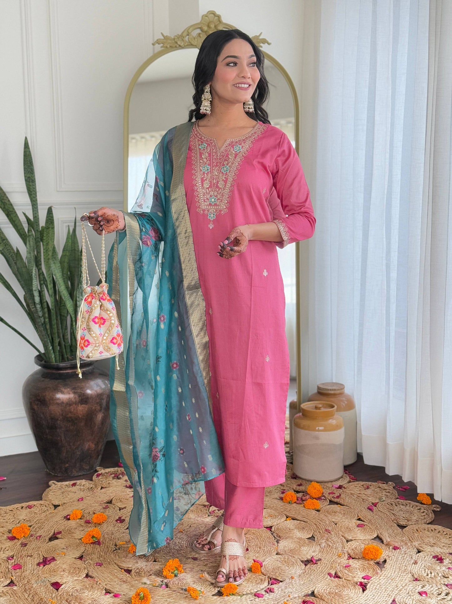 The52 Women Gorgeous Embroidery Work with Viscose Silk Fabric Straight Kurta, Pant and Dupatta Set - Swadesiicart