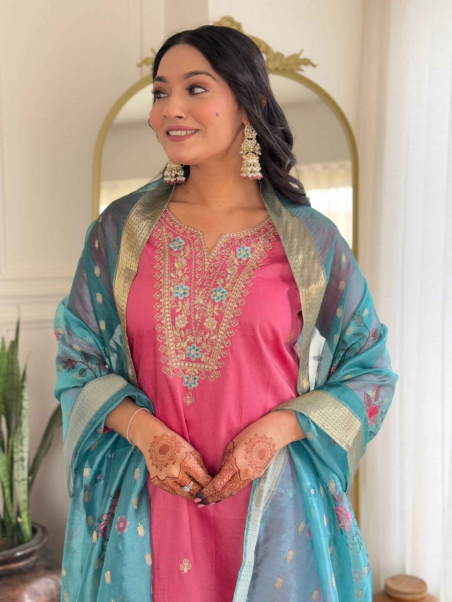The52 Women Gorgeous Embroidery Work with Viscose Silk Fabric Straight Kurta, Pant and Dupatta Set - Swadesiicart