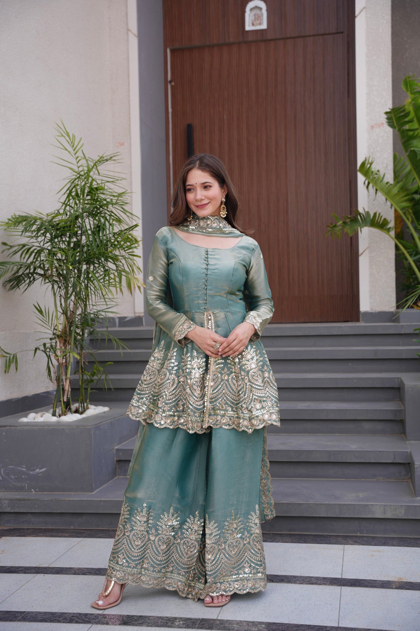 Lorenvalley Fashion Seagreen Fendy Satin Embroidery Sequins work with Real Mirror Kurta Palazzo with Dupatta | Swadesiicart