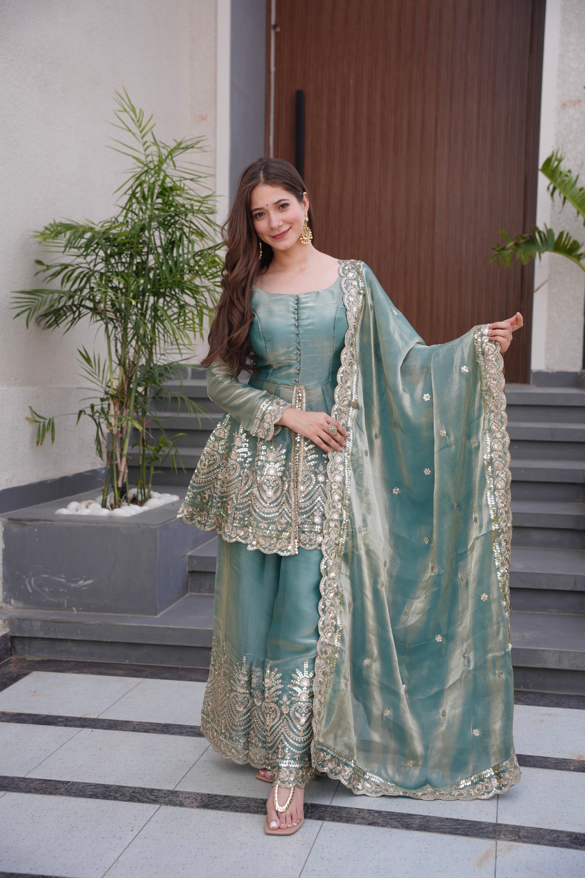 Lorenvalley Fashion Seagreen Fendy Satin Embroidery Sequins work with Real Mirror Kurta Palazzo with Dupatta | Swadesiicart