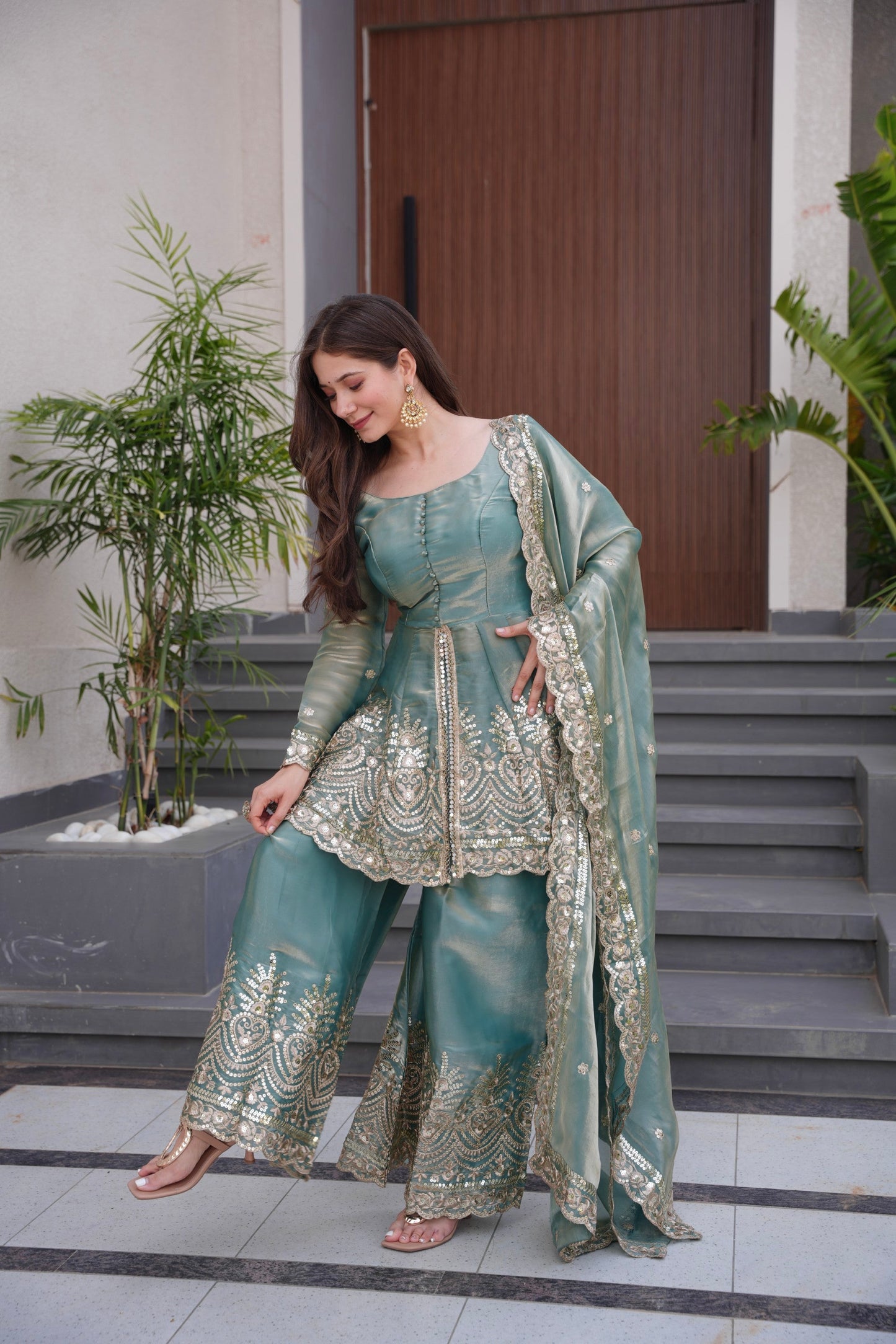 Lorenvalley Fashion Seagreen Fendy Satin Embroidery Sequins work with Real Mirror Kurta Palazzo with Dupatta | Swadesiicart