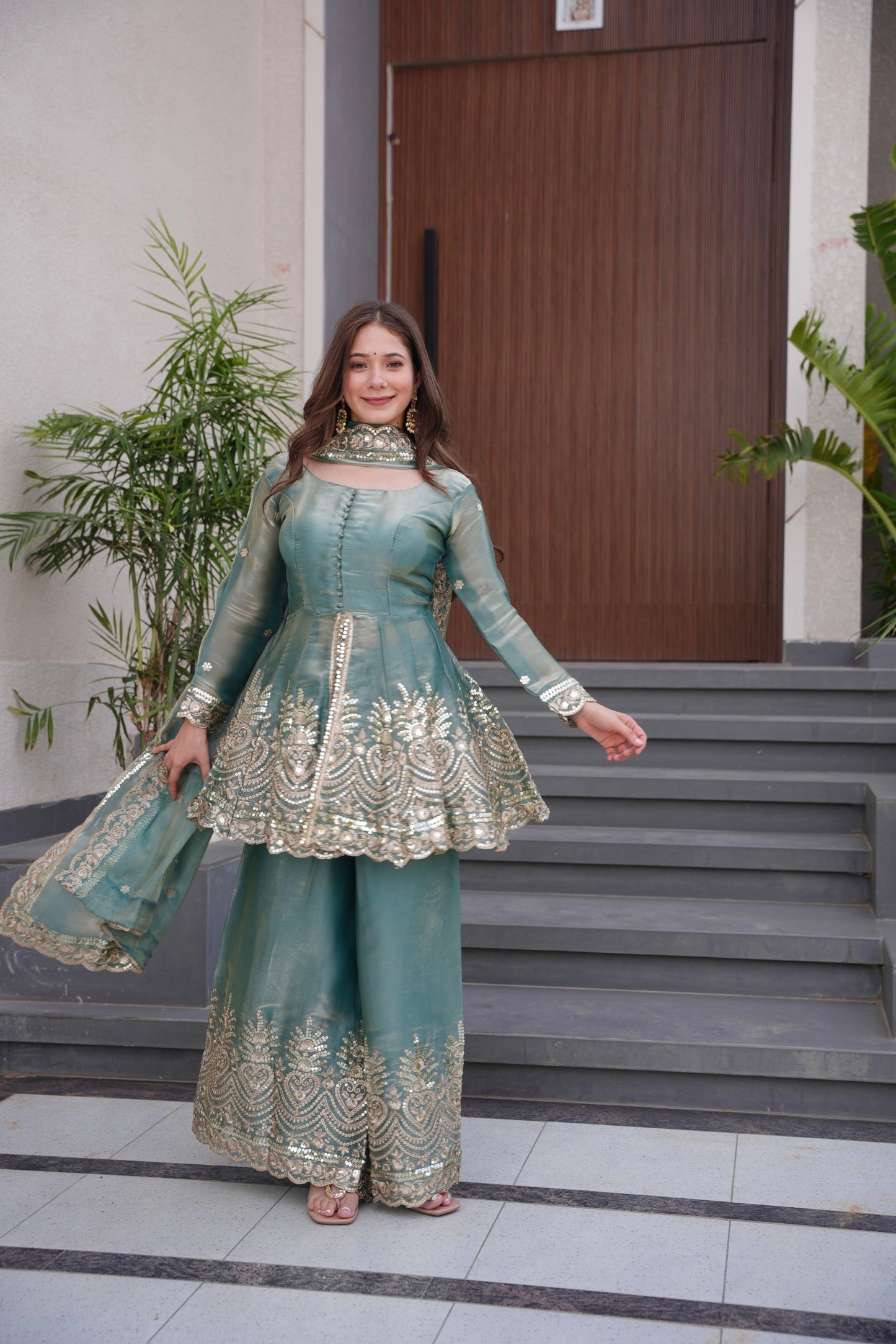 Lorenvalley Fashion Seagreen Fendy Satin Embroidery Sequins work with Real Mirror Kurta Palazzo with Dupatta | Swadesiicart