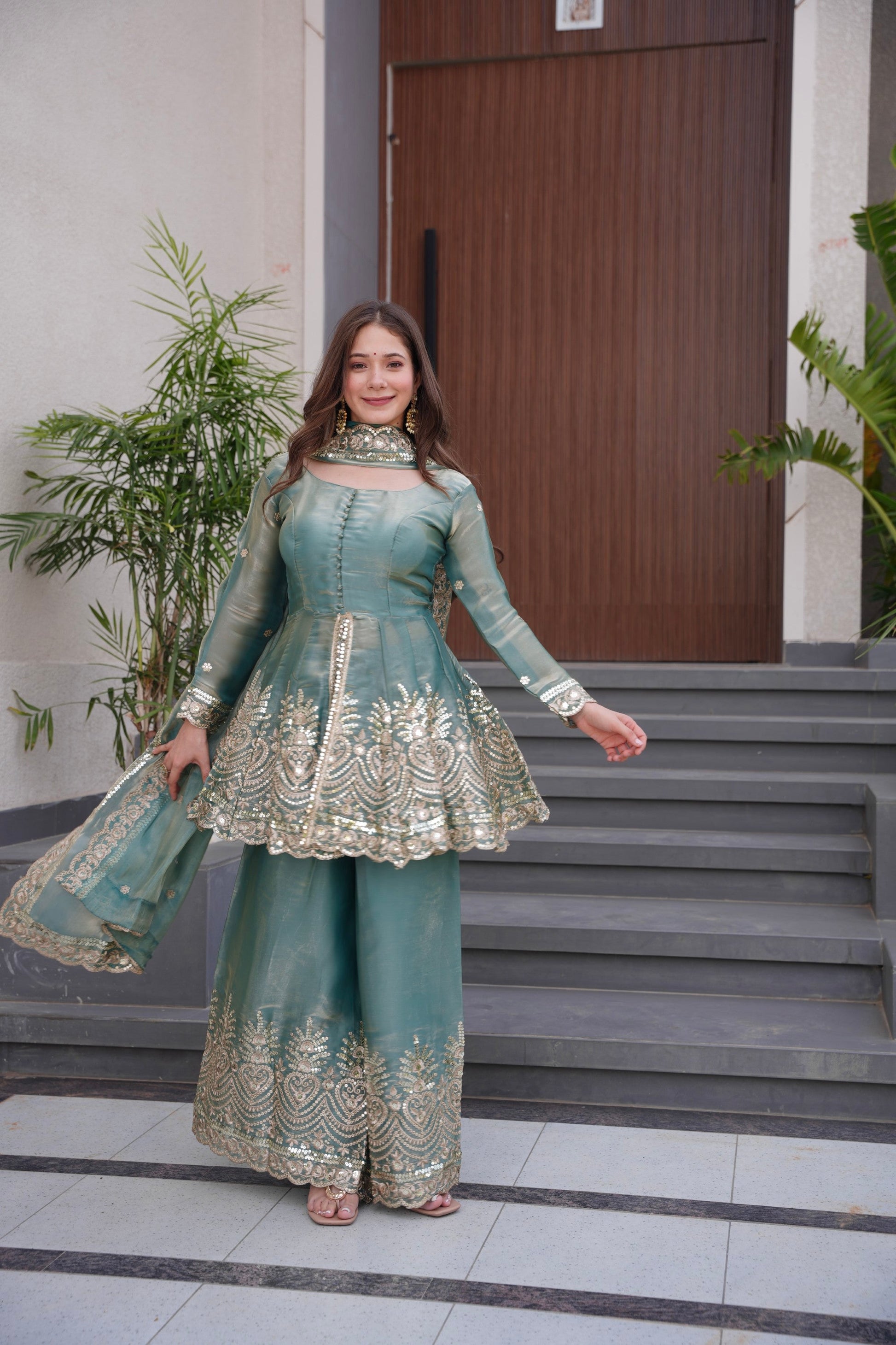 Lorenvalley Fashion Seagreen Fendy Satin Embroidery Sequins work with Real Mirror Kurta Palazzo with Dupatta | Swadesiicart