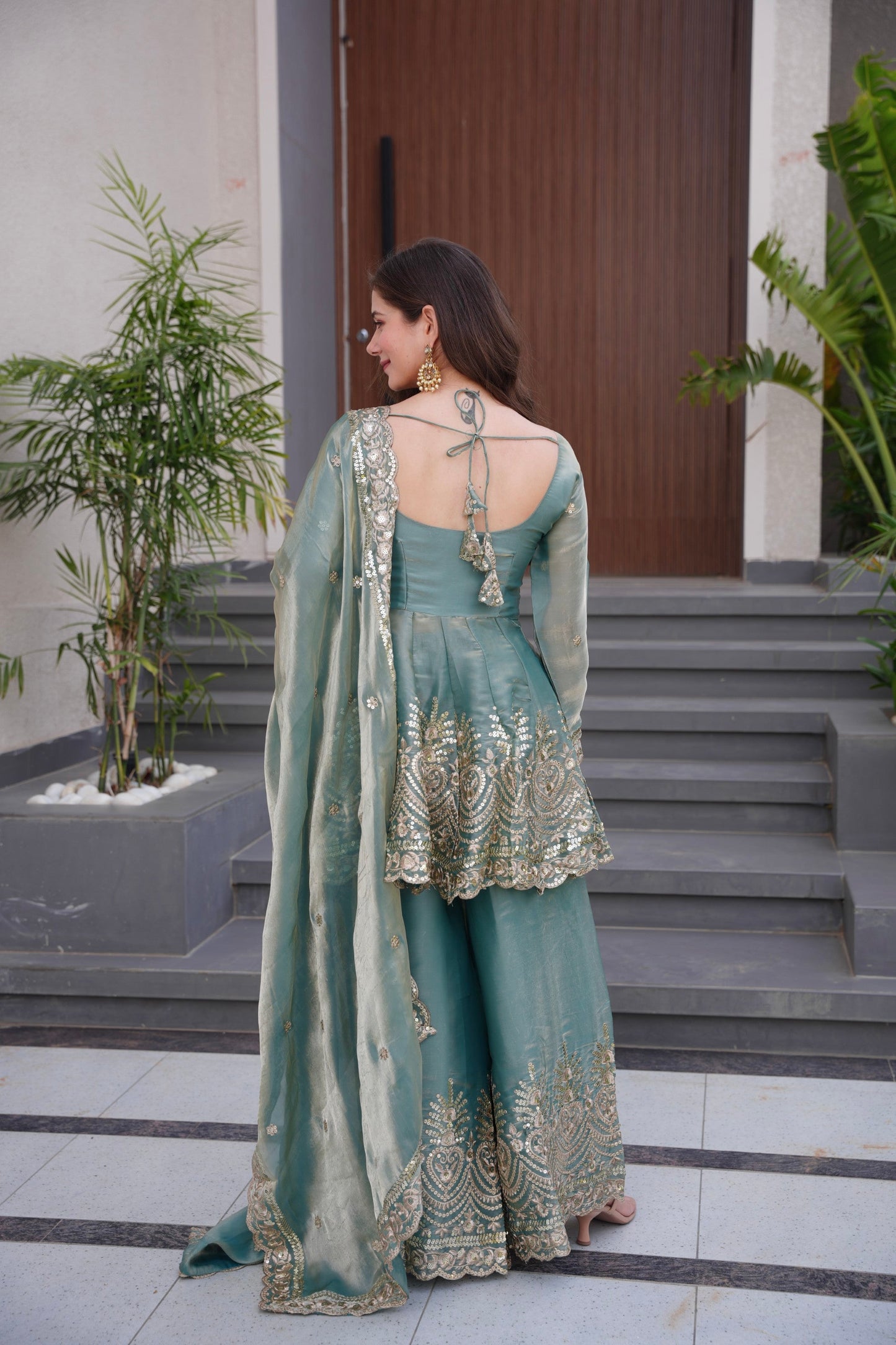 Lorenvalley Fashion Seagreen Fendy Satin Embroidery Sequins work with Real Mirror Kurta Palazzo with Dupatta | Swadesiicart