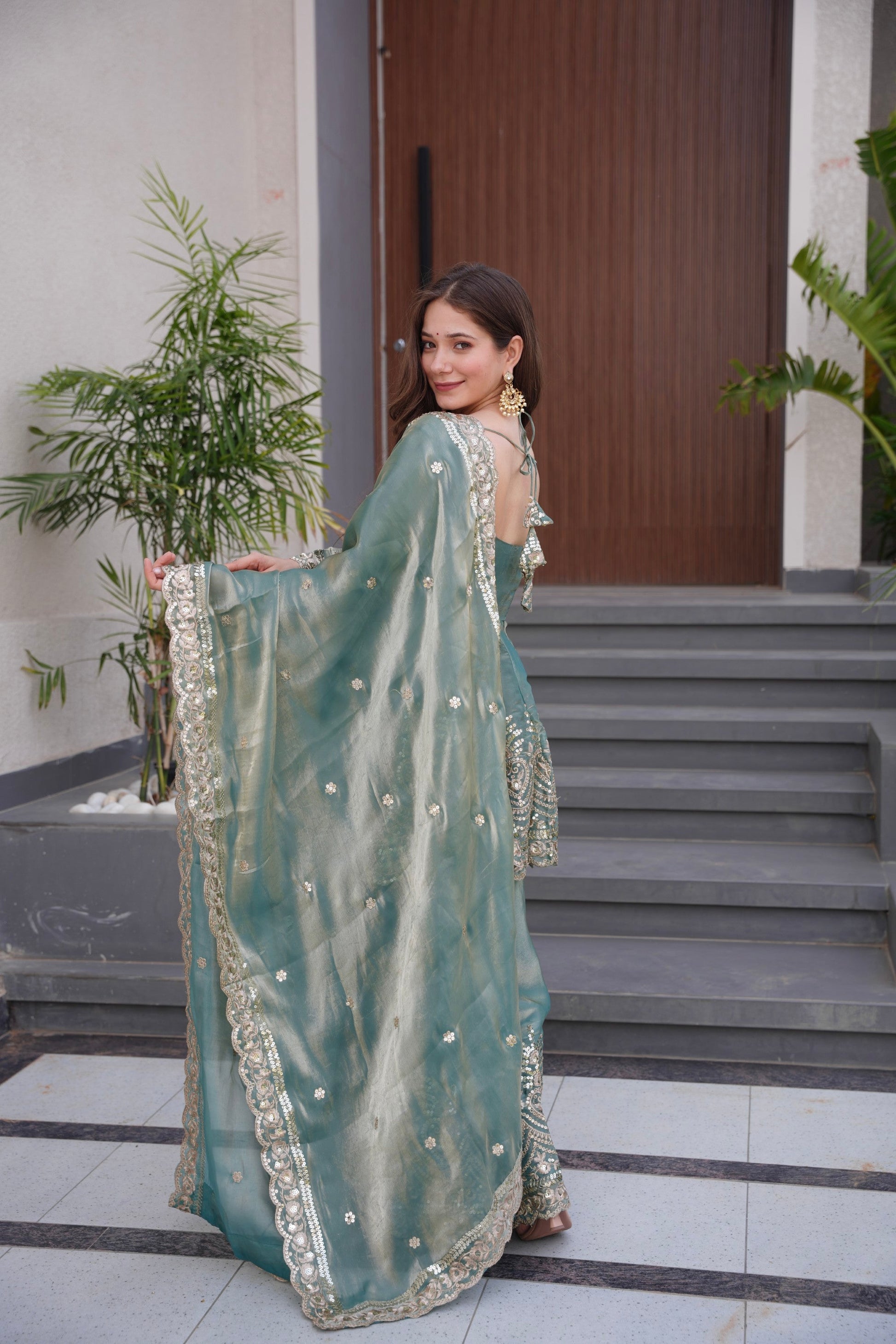 Lorenvalley Fashion Seagreen Fendy Satin Embroidery Sequins work with Real Mirror Kurta Palazzo with Dupatta | Swadesiicart