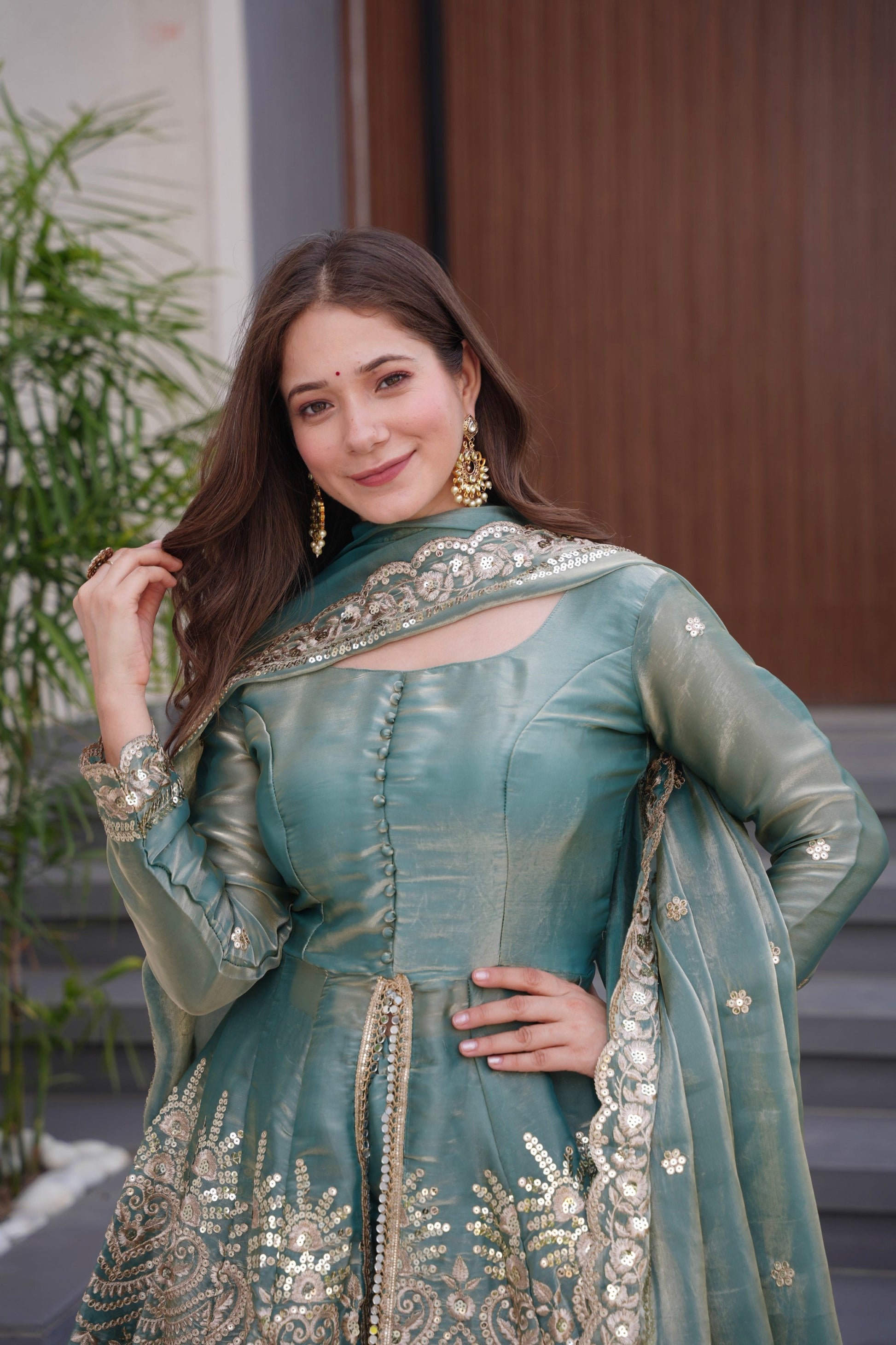 Lorenvalley Fashion Seagreen Fendy Satin Embroidery Sequins work with Real Mirror Kurta Palazzo with Dupatta | Swadesiicart