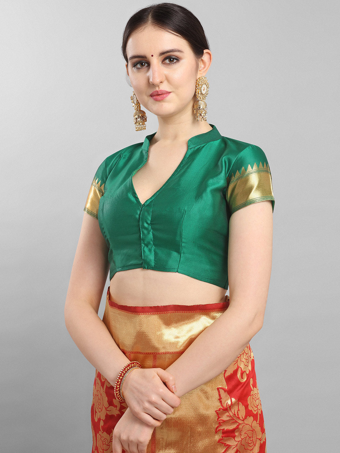 Kalini Red & Green Floral Zari Silk Blend Banarasi Saree | Swadesiicart