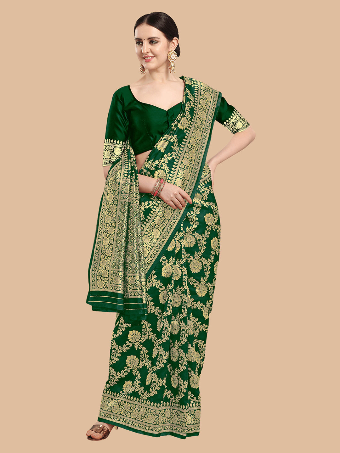Kalini Green & Gold-Toned Woven Design Silk Blend Banarasi Saree | Swadesiicart