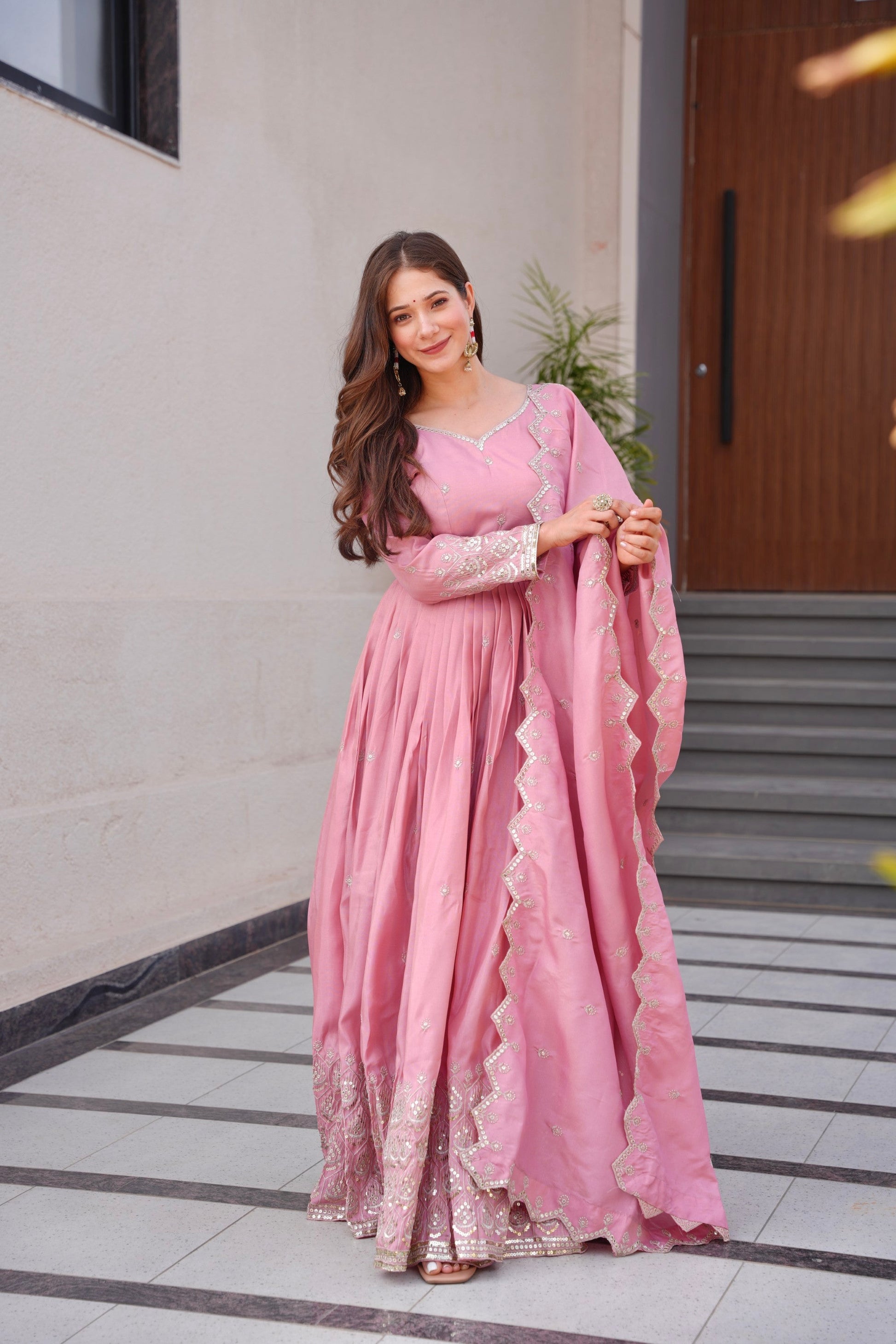 Lorenvalley Fashion Pink Shimmer Silk with Embroidery Sequins Work Anarkali Gown with Dupatta | Swadesiicart